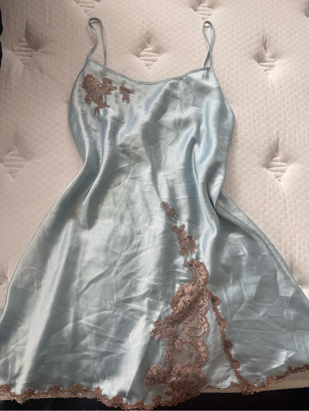 Victoria's Secret Pale Blue Satin Slip with Brown Lace Appliqué #2 - Picture 2 of 8